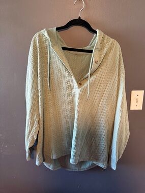 Textured Sage Green Hooded Button V-Neck Pullover